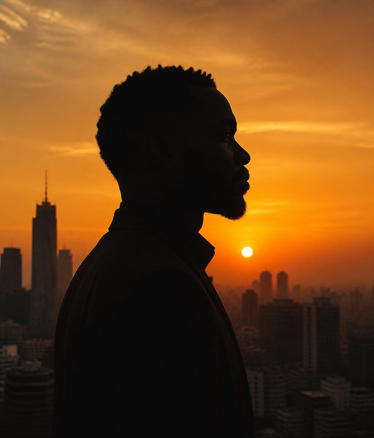 Silhouette professionnelle de profil sur fond urbain au coucher de soleil